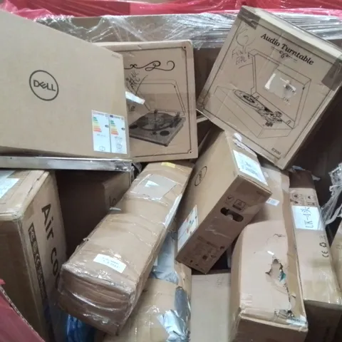 PALLET CONTAINING VARIOUS ASSORTED BOXED HOUSEHOLD ITEMS TO INCLUDE: KIDS TRICYCLE, AUDIO TURNTABLES, DELL MONITORS,  AIR COOLER AND LOTS MORE UNMARKED BOXED ITEMS 