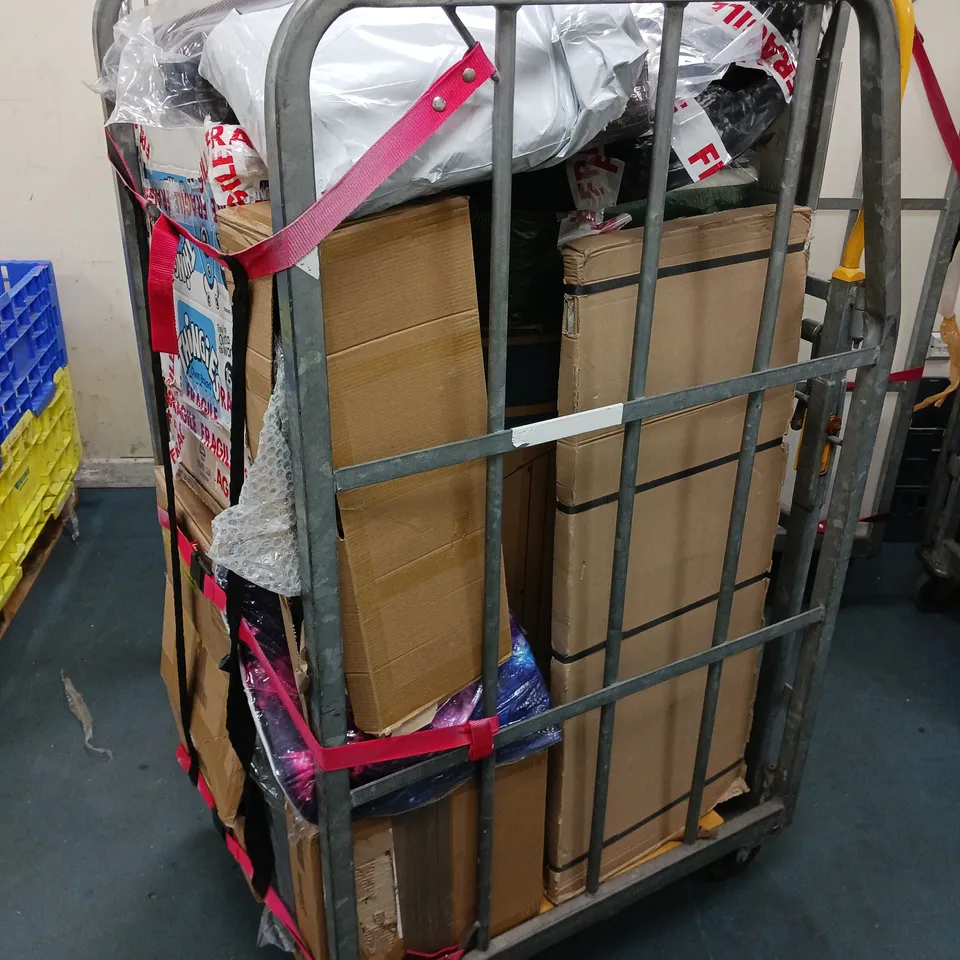 CAGE OF ASSORTED HOUSEHOLD GOODS TO INCLUDE MATRESS, MARBEL FOAM TILES, PAPER POSTAL BAGS, AND OUTSUNNY FURNITURE MOVERS ETC.