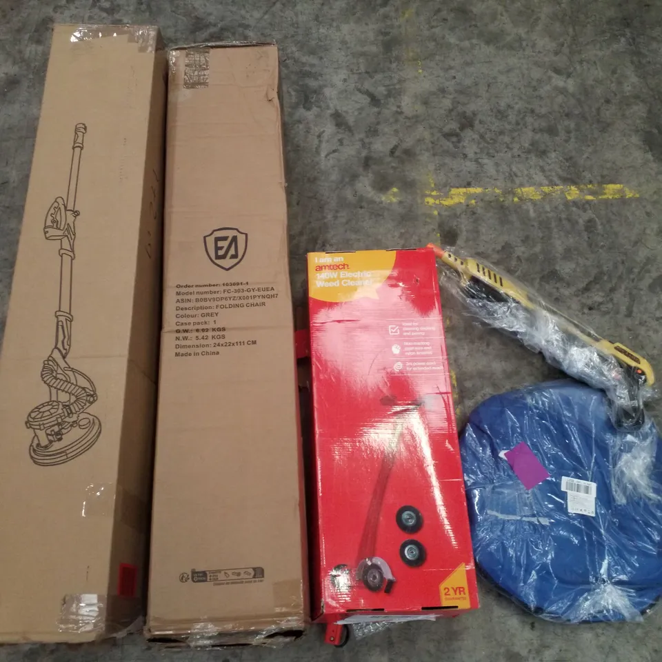 PALLET CONTAINING ASSORTED PRODUCTS INCLUDING ELECTRIC WEED CLEANER, POP UP TENT, FOLDING CHAIR & BUG-A-SALT SALT GUN