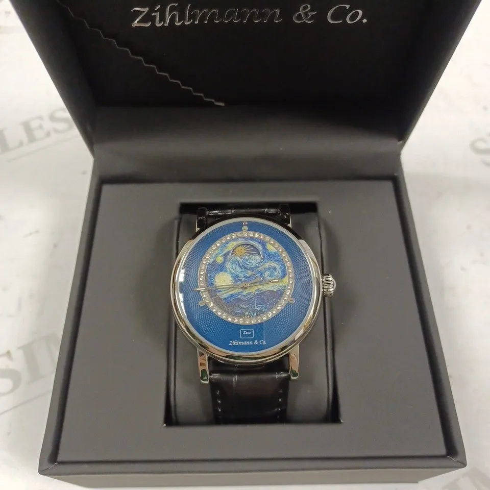 ZIHLMANN & CO BLUE PICASSO MOON FACE LEATHER STRAP WRISTWATCH