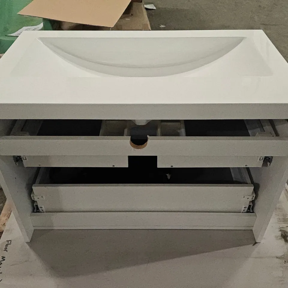 FREESTANDING GLOSS WHITE 2-DRAWER VANITY UNIT WITH TAP, BASIN AND MIRROR