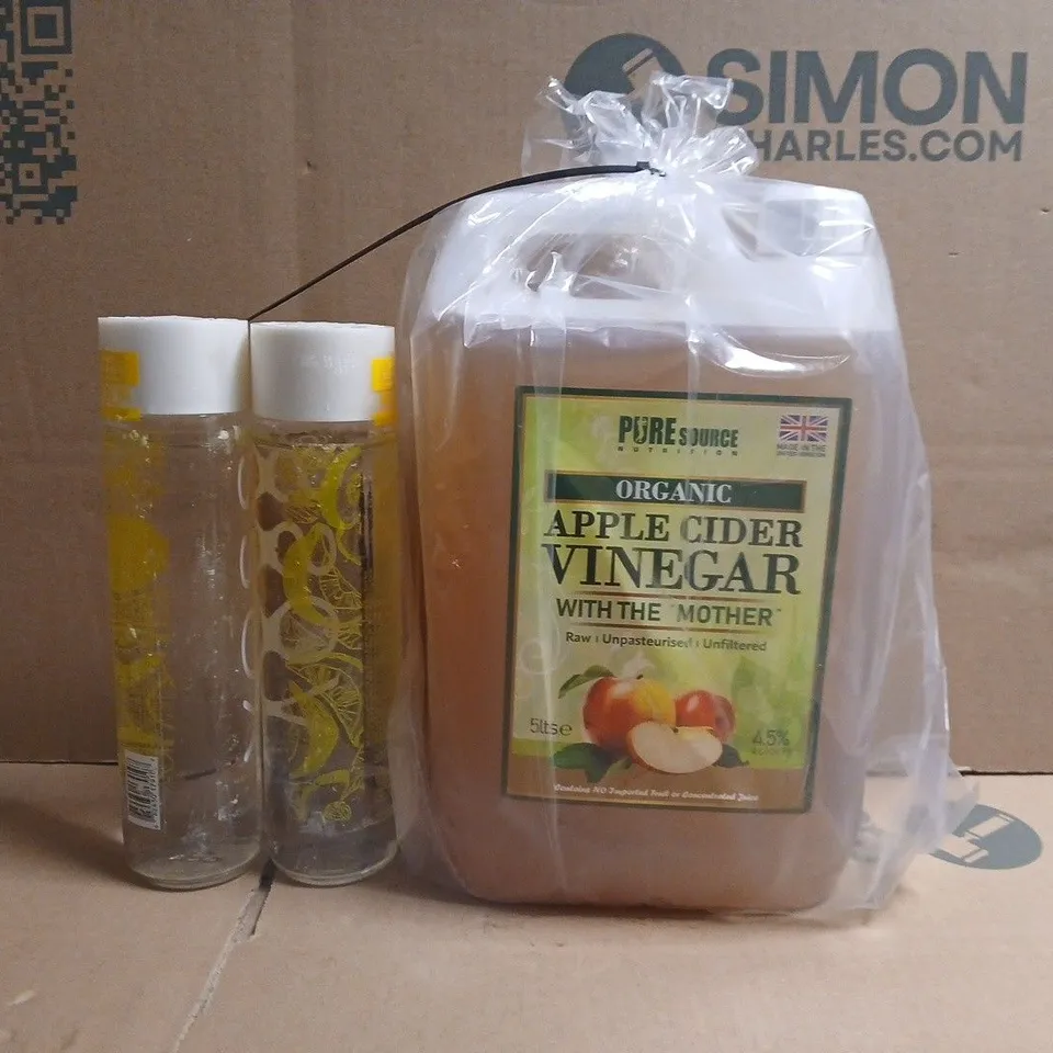APPROXIMATELY 10 ASSORTED FOOD AND DRINK ITEMS TO INCLUDE APPLE CIDER VINEGAR, VOSS LEMON CUCUMBER SPARLING WATER, ETC
