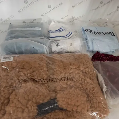 BOX OF ASSORTED CLOTHING ITEMS TOO INCLUDE DRESSES , SHIRTS AND TROUSERS IN VARIOUS SIZES AND COLOURS