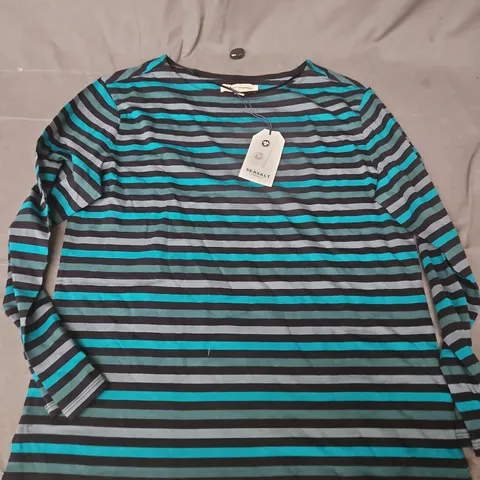 SEASALT CORNWALL WOMEN’S SAILOR STRIPE TOP – TEAL & BLACK BRETON, UK 14