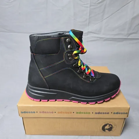 ADESSO BLACK ANKLE BOOTS WITH RAINBOW LACES (SIZE 39) – BOXED