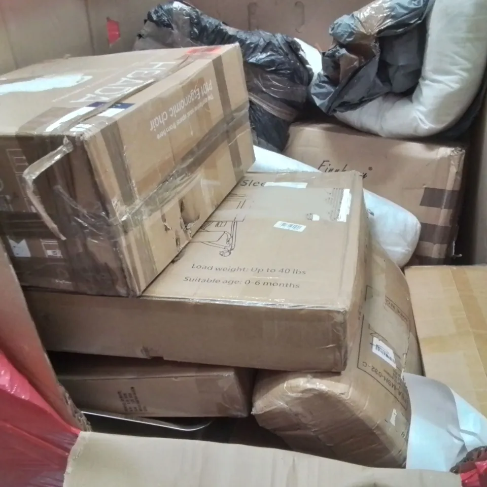 PALLET OF ASSORTED HOUSEHOLD GOODS AND PRODUCTS TO INCLUDE; ELECTRIC HEATER, BASSINET, IRONING BOARD, OFFICE CHAIR, BOXED FURNITURE ETC 