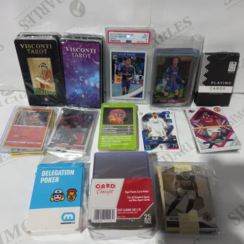 BOX OF APPROXIMATELY 10 ASSORTED PACKS/BUNDLES OF TRADING CARDS, PLAYING CARDS, AND TAROT CARDS TO INCLUDE POKΓMON, TOPPS, PANINI, ETC