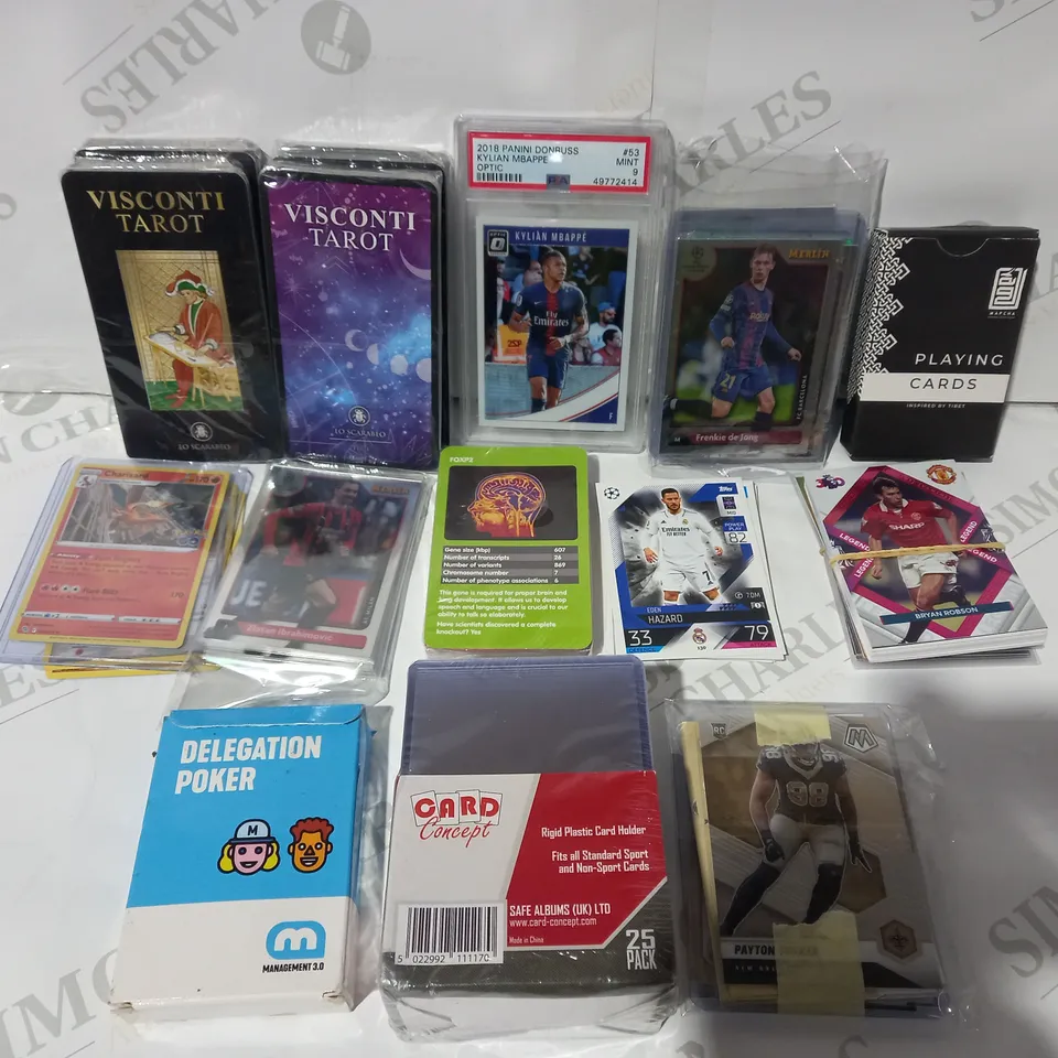 BOX OF APPROXIMATELY 10 ASSORTED PACKS/BUNDLES OF TRADING CARDS, PLAYING CARDS, AND TAROT CARDS TO INCLUDE POKÉMON, TOPPS, PANINI, ETC