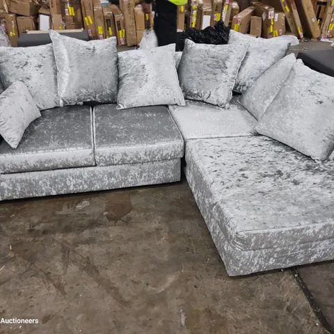 DESIGNER CHAISE SOFA WITH SCATTER CUSHIONS CRUSHED SILVER VELVET
