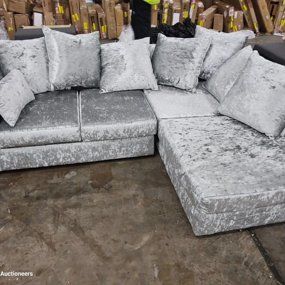 DESIGNER CHAISE SOFA WITH SCATTER CUSHIONS CRUSHED SILVER VELVET