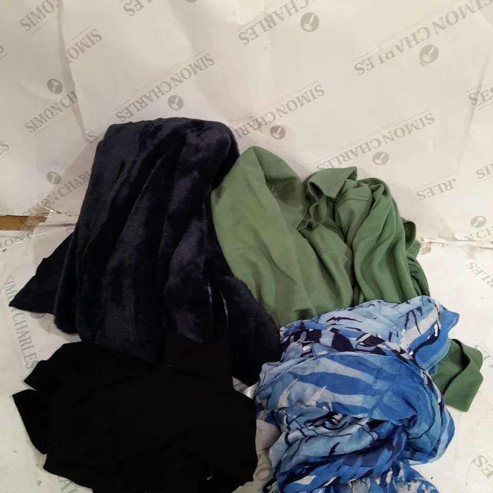 LARGE BOX OF ASSORTED CLOTHING ITEMS ALL IN DIFFRENT COLOURS AND SIZES 