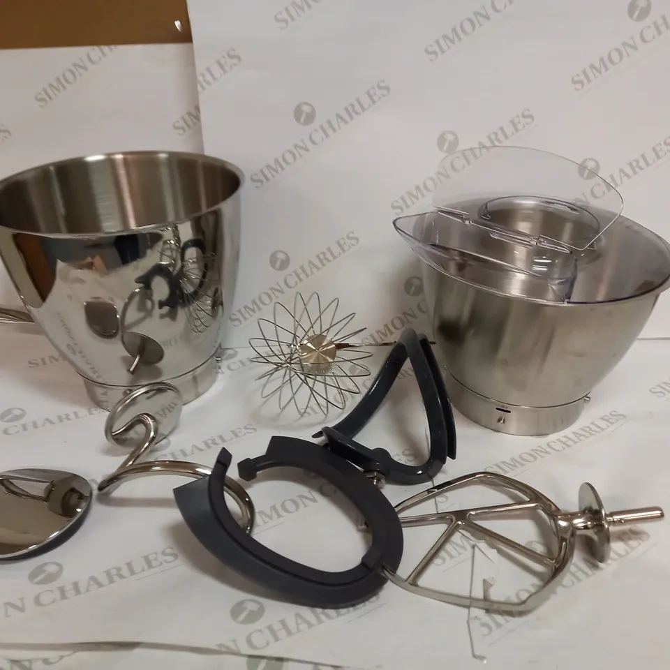 ASSORTED STAND MIXER BOWLS AND ATTACHMENTS INCLUDING DOUGH HOOK, WHISK AND PADDLE