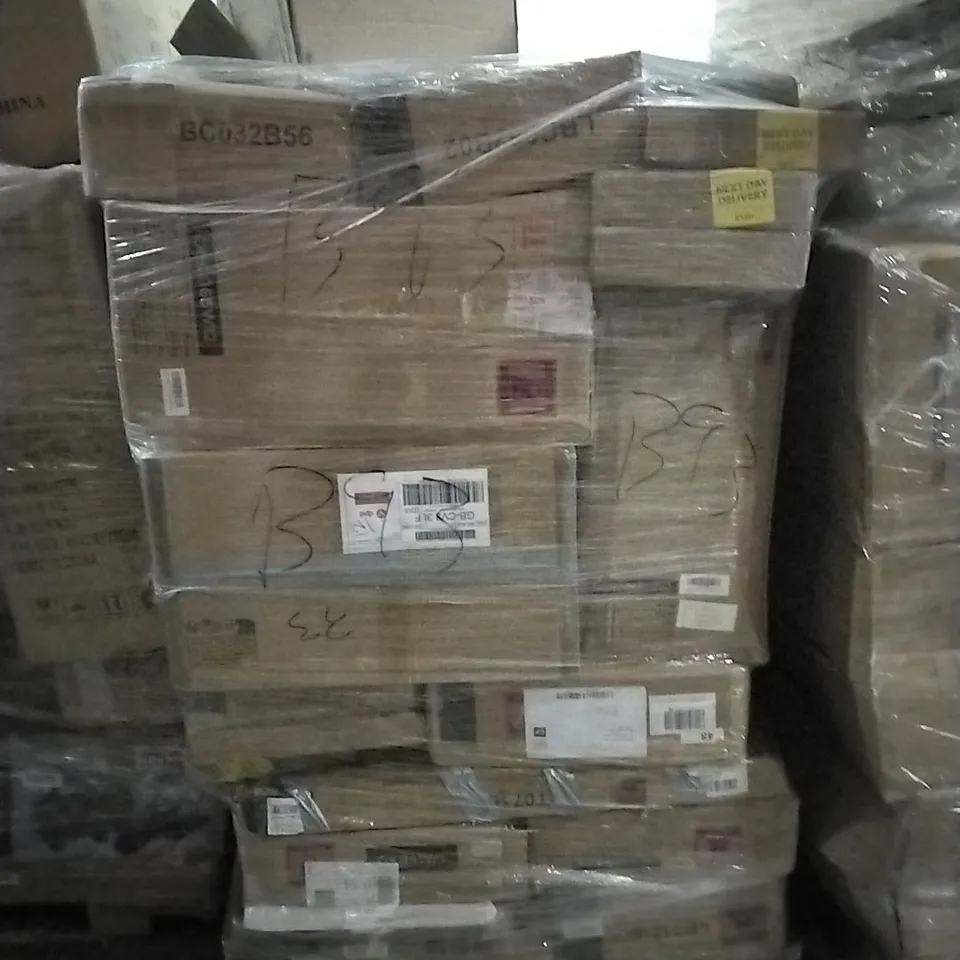 PALLET OF HOUSEHOLD ITEMS TO INCLUDE OFFICE CHAIR, KITCHEN FOIL, CORNER BRACKET SND OTHER ASSORTED ITEMS...