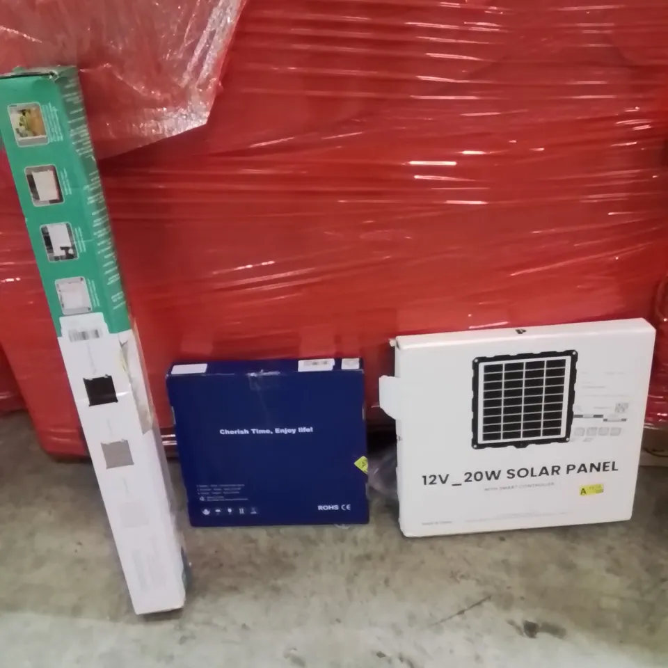 PALLET OF ASSORTED HOUSEHOLD GOODS AND PRODUCTS TO INCLUDE;CLOCK,RETRACTABLE SAFETY GATE,12V SOLAR PANEL