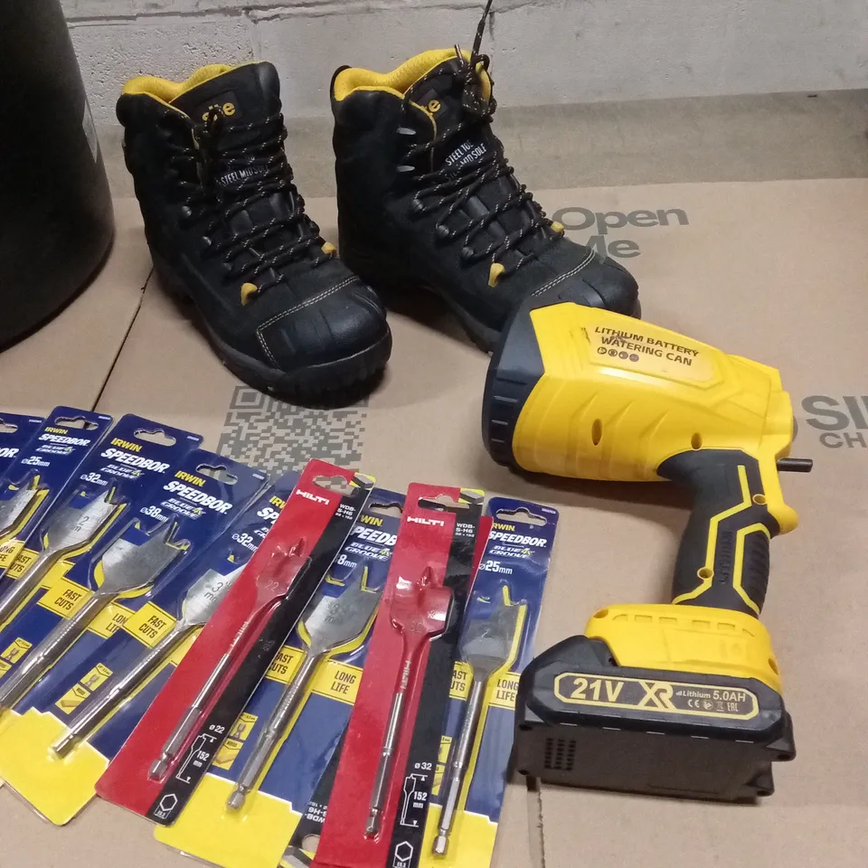 BUILDERS/DIY BUNDLE TO INCLUDE; BOOTS, RATCHETING WRENCH SET, BUILDERS BUCKET ETC