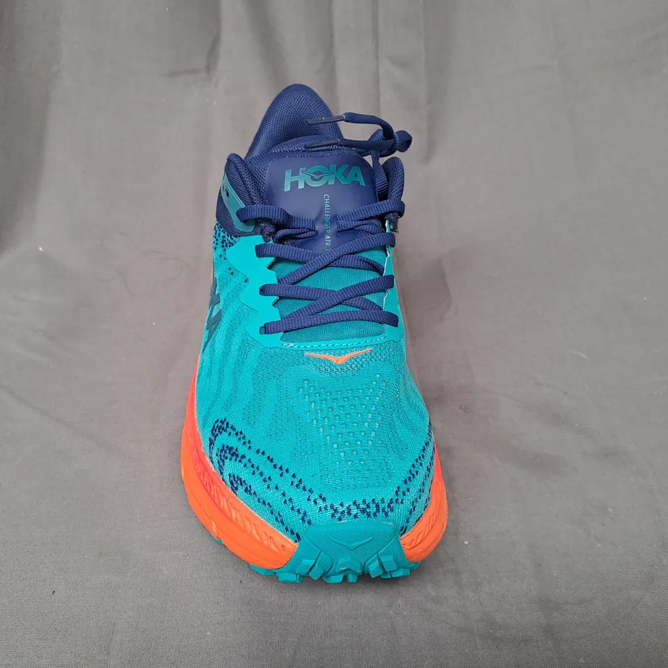 BOXED PAIR OF HOKA CHALLENGER ATR 7 SHOES IN AQUA/ORANGE/NAVY UK SIZE 9