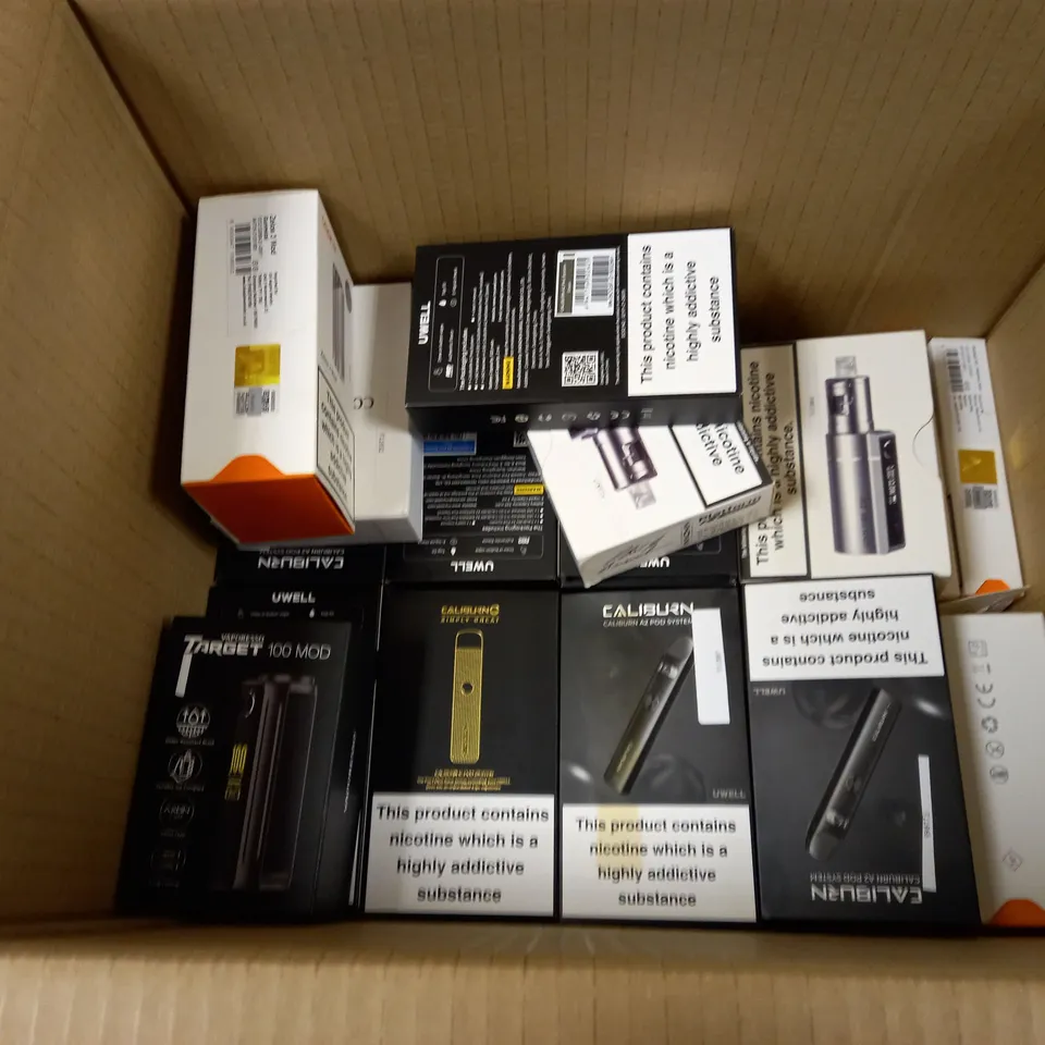 BOX OF APPROXMATELY 26 E-CIGARETTES AND LIQUIDS TO INCLUDE CALIBURN A2 POD SYSTEM, INNOKIN COOLFIRE Z50 ZLIDE. ASPIRE ZELOS 3 MOD, ETC