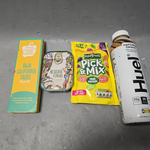 APPROXIMATELY 6 ASSORTED FOOD & DRINK ITEMS TO INCLUDE - PACT COFFEE COQUEIRO , PICK & MIX , HUEL ICED COFFEE CARAMEL ETC