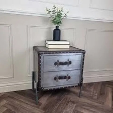 WRAPPED HOMESDIRECT365 INDUSTRIAL WOODEN 2 DRAWER BEDSIDE CABINET WITH METAL BASE