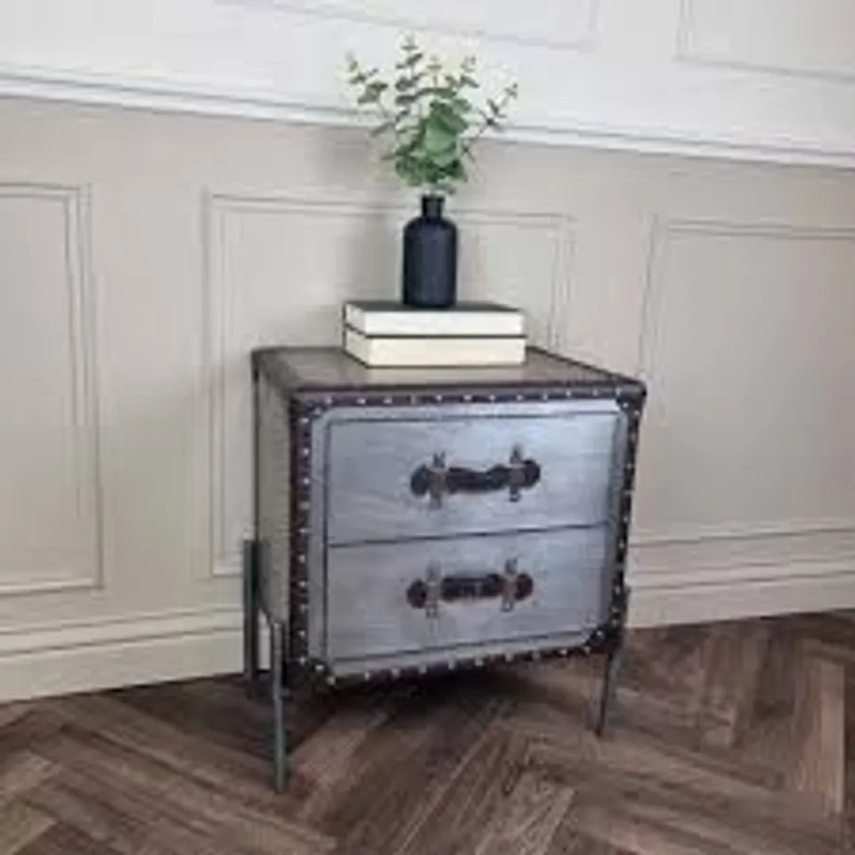 WRAPPED HOMESDIRECT365 INDUSTRIAL WOODEN 2 DRAWER BEDSIDE CABINET WITH METAL BASE