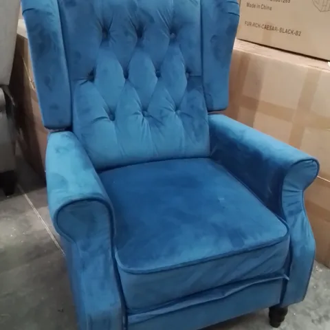 QUALITY DESIGNER BLUE FABRIC UPHOLSTERED BUTTON BACK ARM CHAIR 