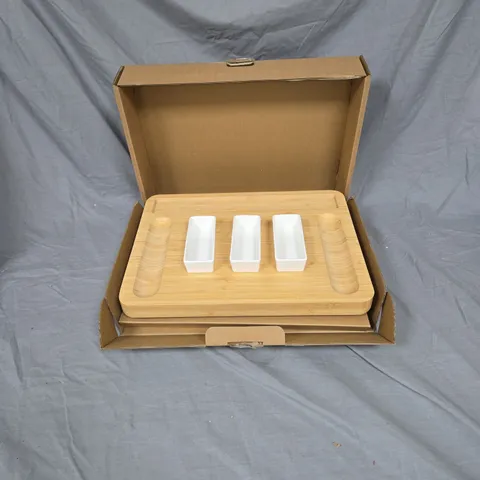 WOODEN SERVING TRAY WITH THREE CERAMIC WHITE BOWLS – BOXED
