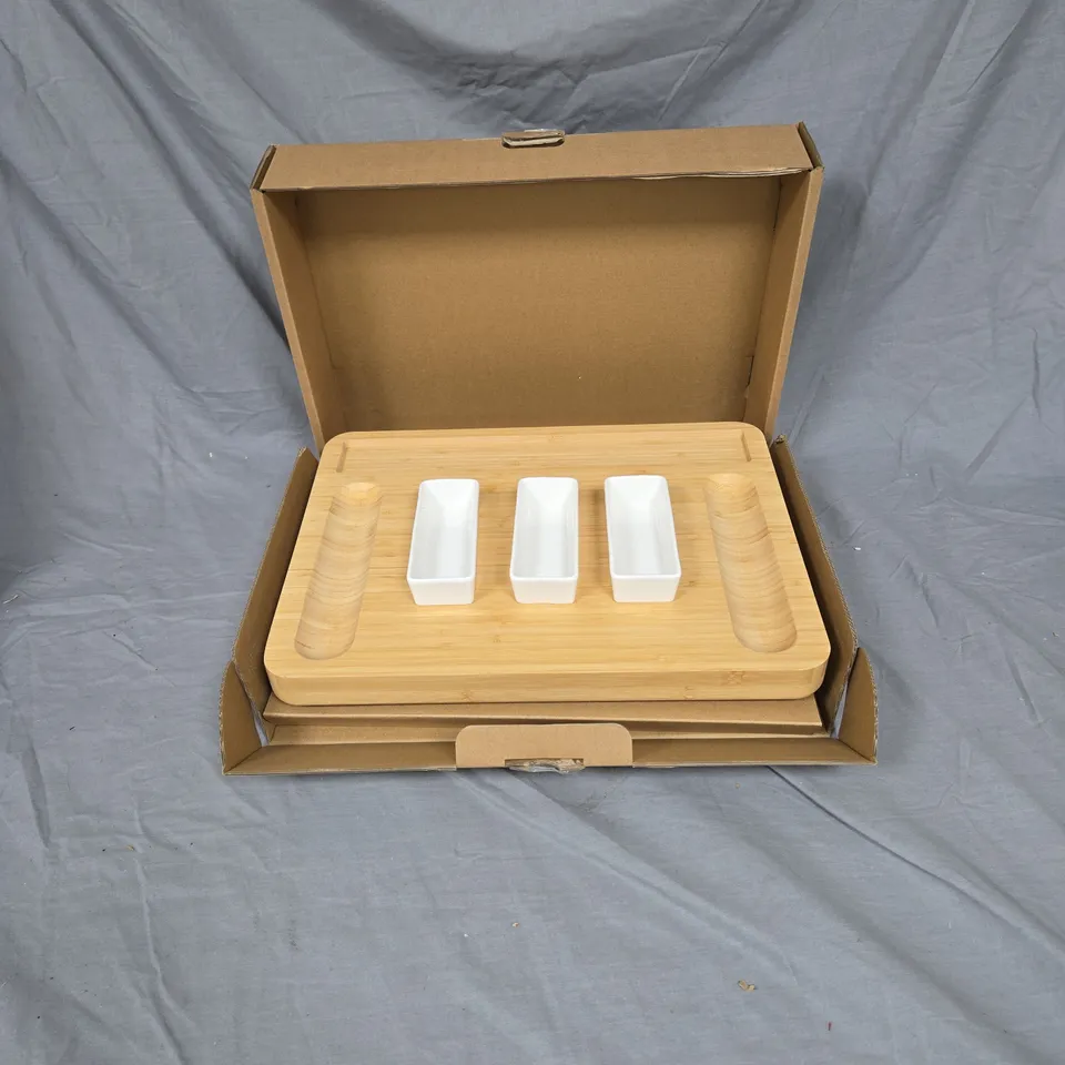 WOODEN SERVING TRAY WITH THREE CERAMIC WHITE BOWLS – BOXED