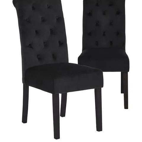 PAIR OF VELVET SCROLL BACK DINING CHAIRS IN BLACK - COLLECTION ONLY