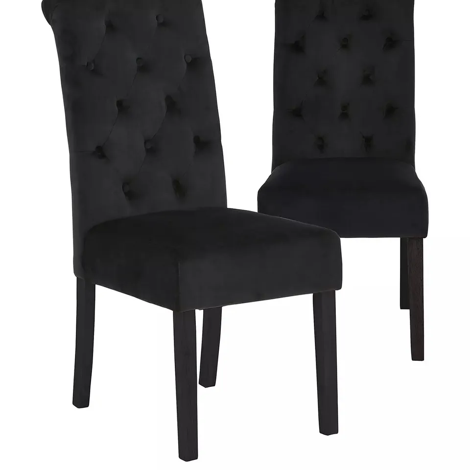 PAIR OF VELVET SCROLL BACK DINING CHAIRS IN BLACK - COLLECTION ONLY
