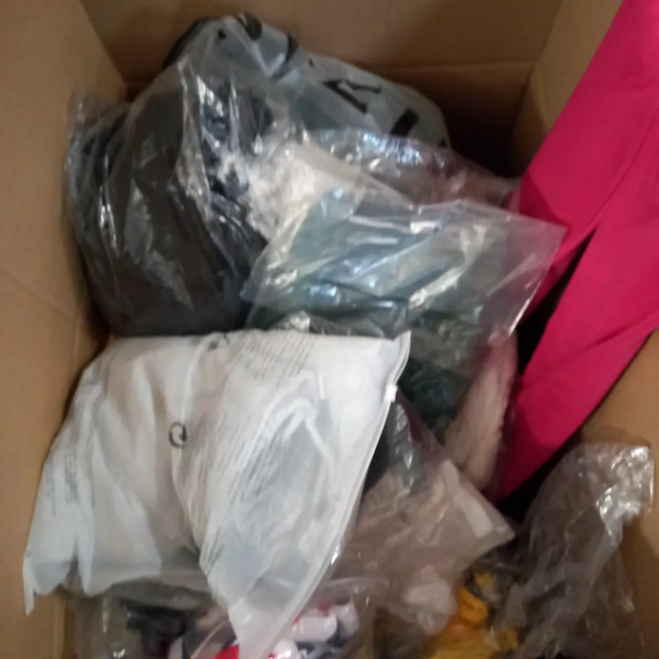 BOX OF ASSORTED CLOTHING ITEMS TOO INCLUDE JUMPERS, SHIRTS AND TROUSERS IN VARIOUS SIZES AND COLOURS   