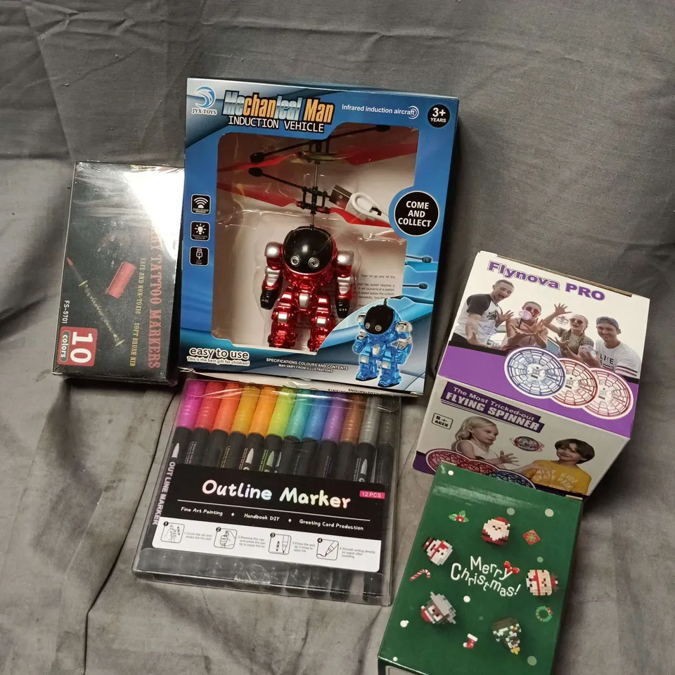 APPROXIMATELY 15 ASSORTED TOYS & GAMES PRODUCTS TO INCLUDE FLYNOVA PRO, MECHANICAL MAN TOY, OUTLINE MARKERS, ETC