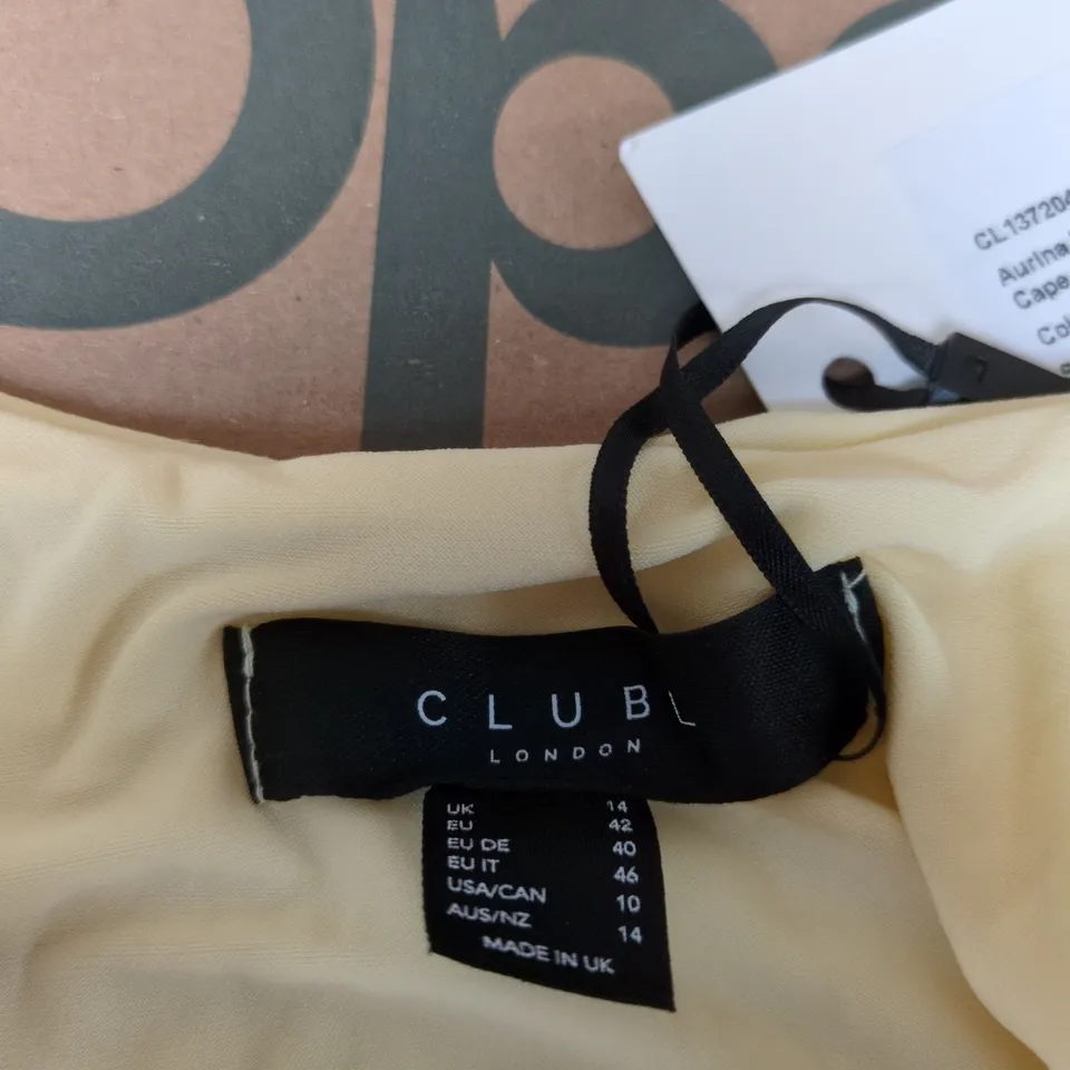 CLUB L LONDON AURINA LEMON SQUARE-NECK MAXI DRESS WITH CAPE – UK 14