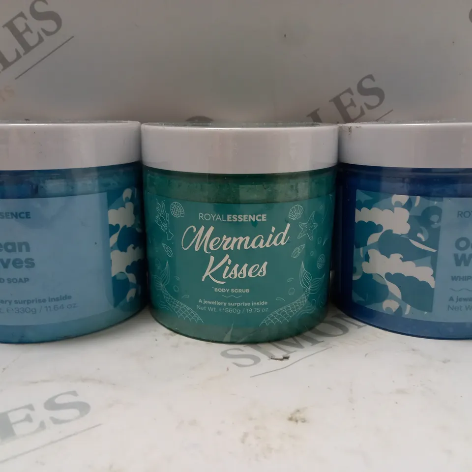 3 TUBS OF ROYAL ESSENCE MERMAID KISSES BODY SCRUB 1 X 560G AND OCEAN WAVES WHIPPED SOAP 2 X 330G