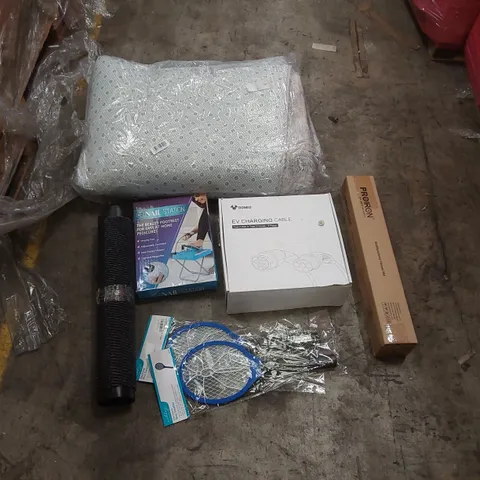 PALLET OF ASSORTED ITEMS INCLUDING: EV CHARGING CABLE, NAIL STATION, LARGE RUG, DOOR MAT, FITNESS MAT, ELECTRIC BUG SWATTERS ECT