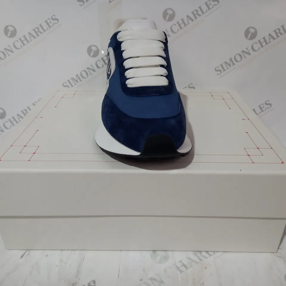 BOXED PAIR OF ALEXANDER MCQUEEN SPRINT RUNNER SNEAKERS IN BLUE/RED/METALLIC SILVER SIZE UNSPECIFIED