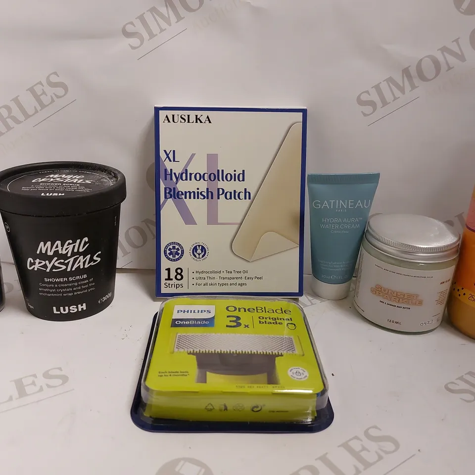 BOX OF APPROX 20 COSMETIC ITEMS TO INCLUDE GATINEAU WATER CREAM, MAGIC CRYSTALS SHOWER SCRUB, BODY SHOP MANGO BATH BLEND