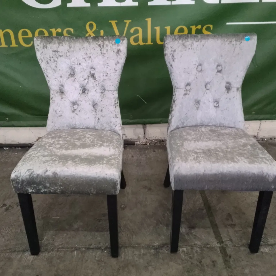 SET OF 2 NEW KENSINGTON SILVER VELVET BUTTON BACK DINING CHAIRS (BLACK LEG)