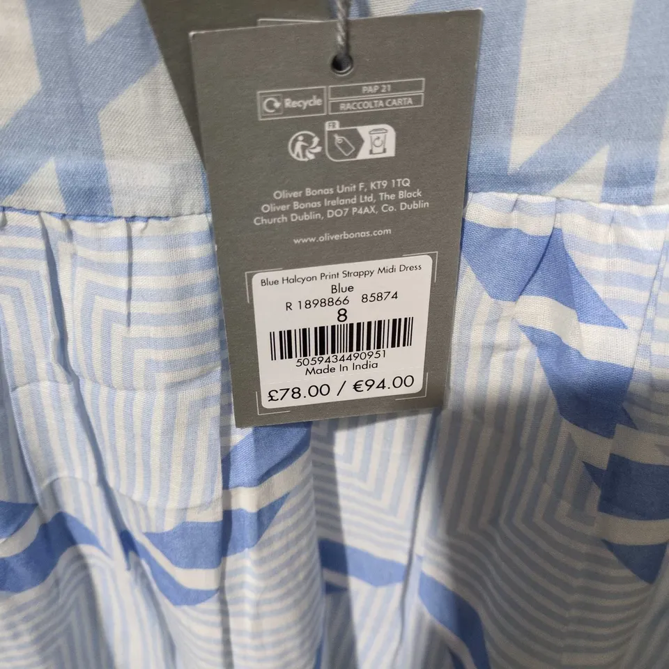 Oliver Bonas Blue Halcyon Print Strappy Midi Dress - UK 8