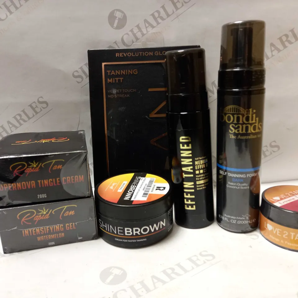 LOT OF APPROX 7 ASSORTED TANNING PRODUCTS TO INCLUDE INTENSIFYING GEL, BONDI SANDS DARK TANNING FOAM, EXTREME TANNING GEL, ETC