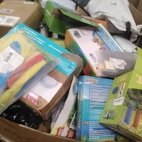 A PALLET CONTAINING A LARGE QUANTITY OF GARDEN HOSES, SWIMMING PRODUCTS ETC