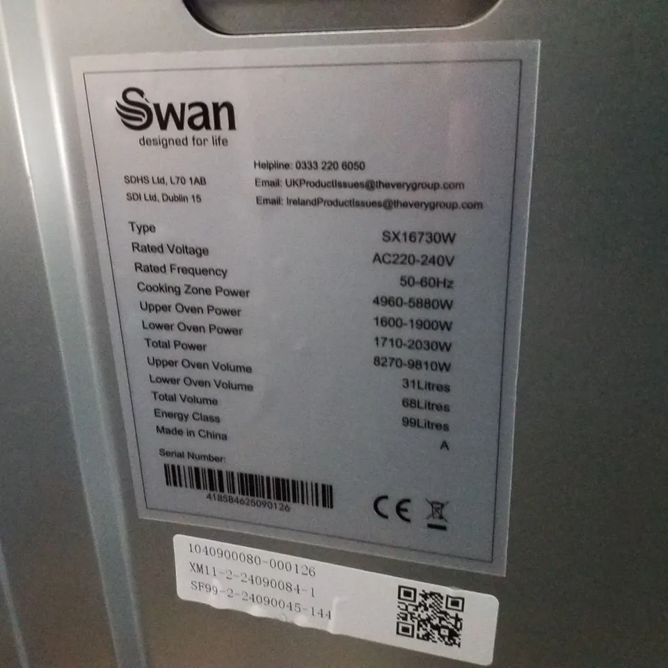 SWAN SX16730W 60CM ELECTRIC DOUBLE OVEN CERAMIC HOB COOKER - WHITE