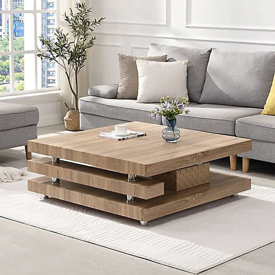 BRAND NEW BOXED BORNEO COFFEE TABLE IN SANREMO OAK WITH STAINLESS STEEL FRAME (1 BOX)