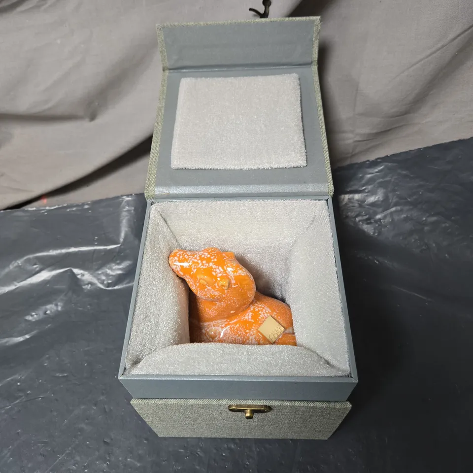 ORANGE GLAZED CERAMIC ANIMAL FIGURINE – DECORATIVE SCULPTURE "STONE FASA" IN BOX