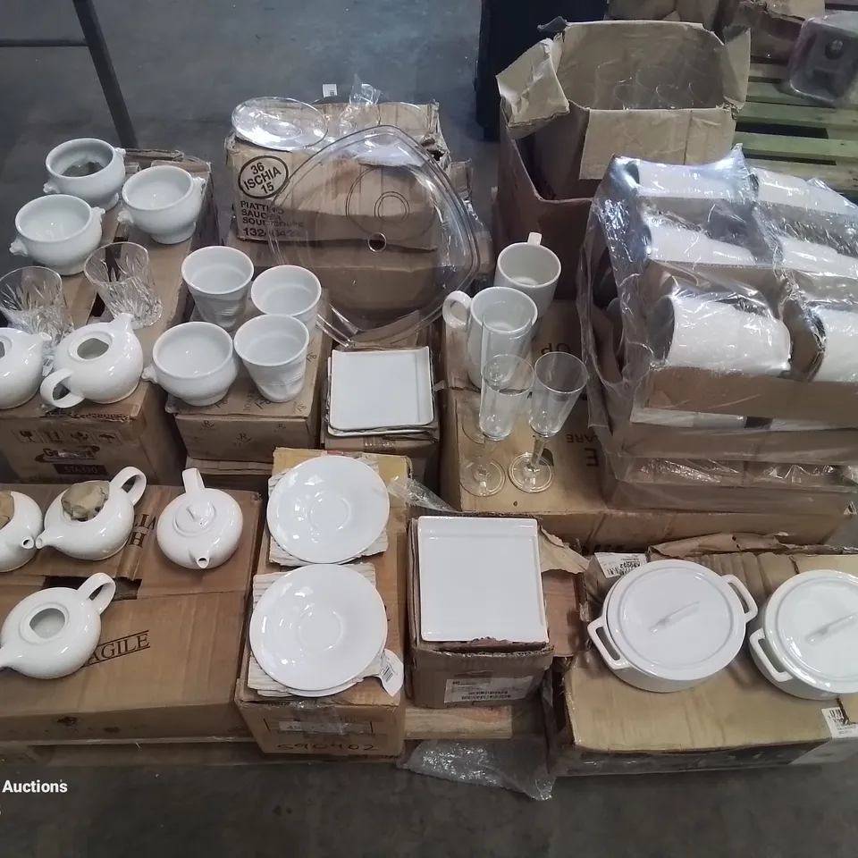 PALLET CONTAINING VARIOUS MIXED CATERING SUPPLIES, PLATES, TEAPOTS, GLASSES, BOWLS ETC.