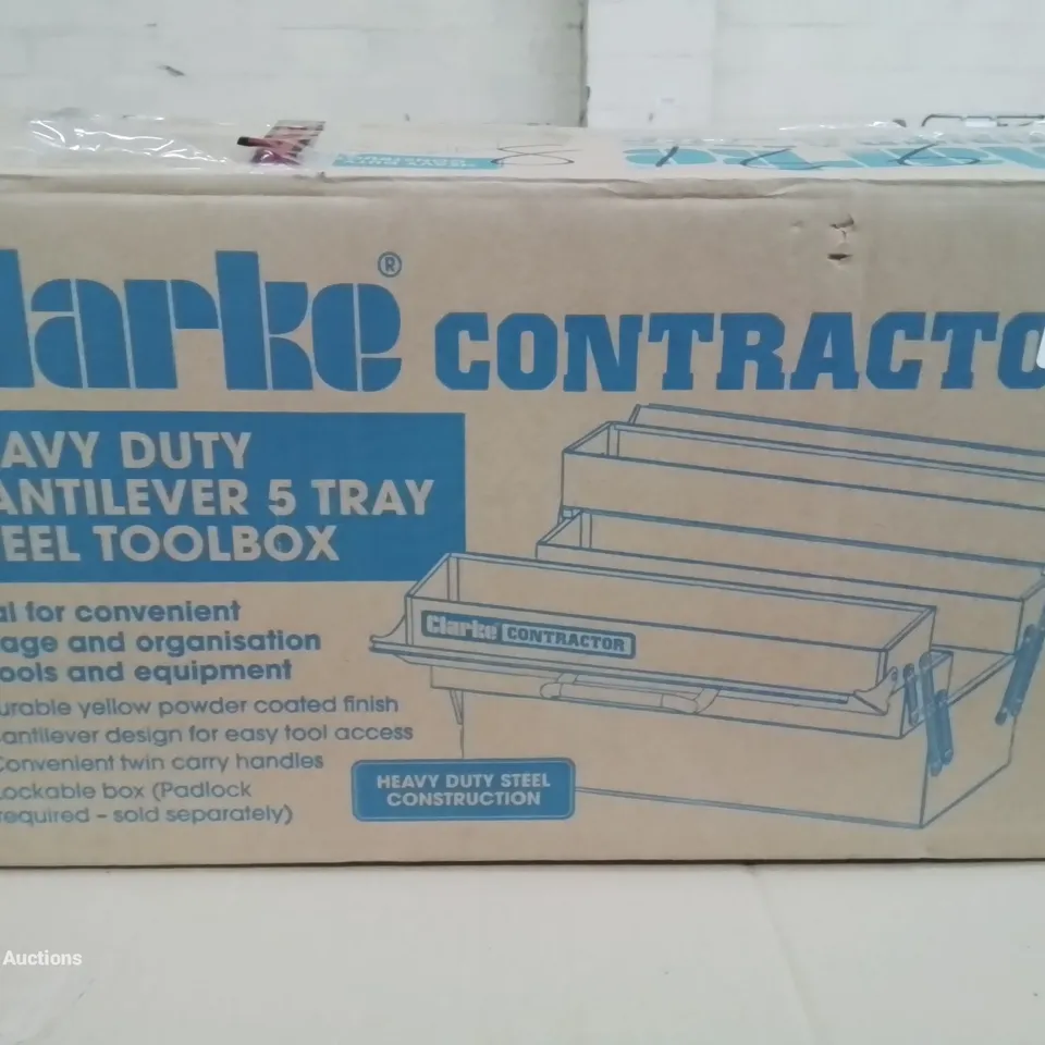 BOXED CLARKE CONTRACTOR HEAVY DUTY CANTILEVER 5-TRAY STEEL TOOLBOX - YELLOW  RRP £37.99