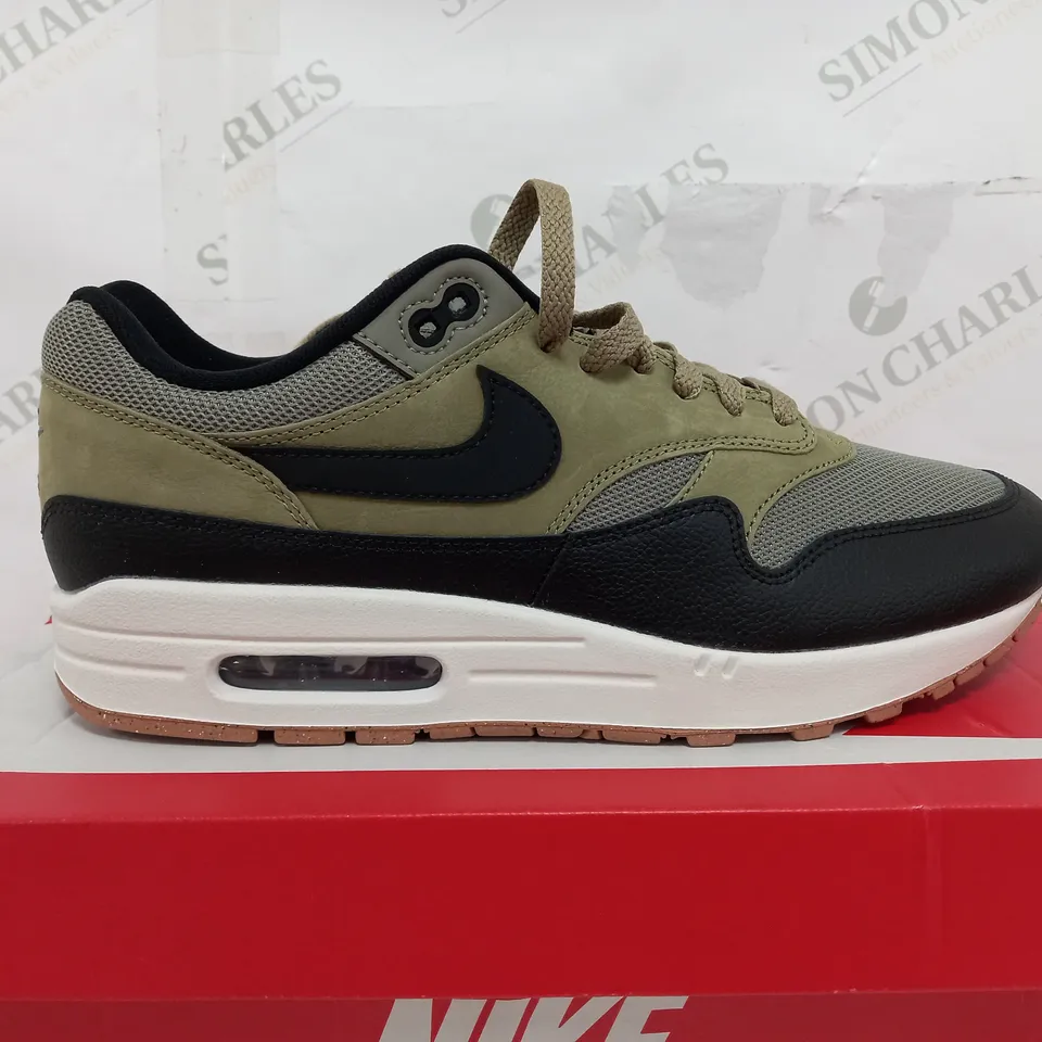 BOXED PAIR OF NIKE AIR MAX 1 IN DARK STUCCO & DARK PHANTOM - UK 9.5