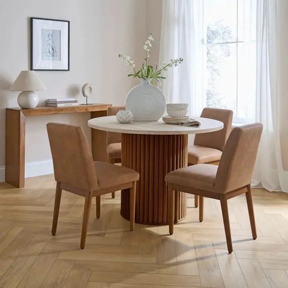 BOXED LUCIN ROUND DINING TABLE FAUX TRAVERTINE DARK STAIN