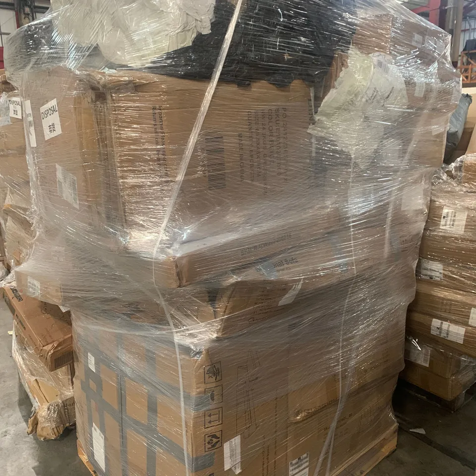 PALLET OF ASSORTED ITEMS TO INCLUDE BOXED FURNITURE, SECTIONAL SOFA AND COOKING SET