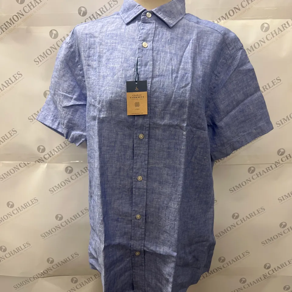 CHARLES TYRWHITT CLASSIC FIT SHORT SLEEVE LINEN SHIRT IN COBALT BLUE SIZE MEDIUM