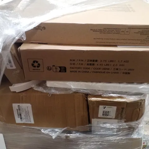 PALLET CONTAINING ASSORTED PRODUCTS INCLUDING PROJECTOR SCREENS, CAR COVERS, FOOT REST & WOODEN MONITOR STAND
